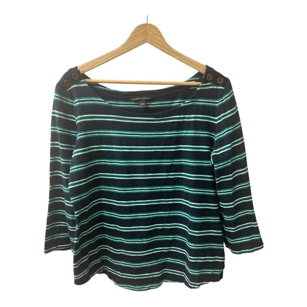 Banana Republic Top Shirt Womens Size Large Black & Green Striped 3/4 Sleeves - Picture 2 of 7